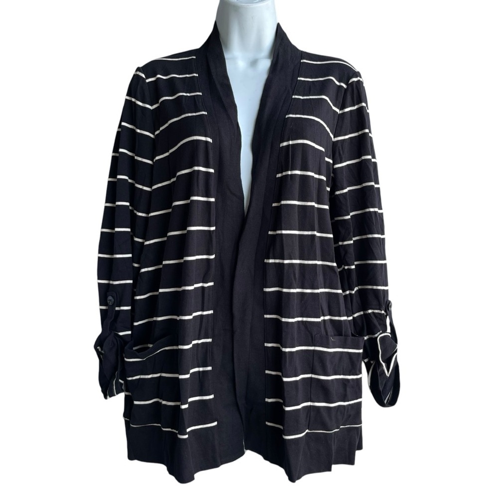 Jones New York Women's Striped Open Front Cardigan Black/White Size L